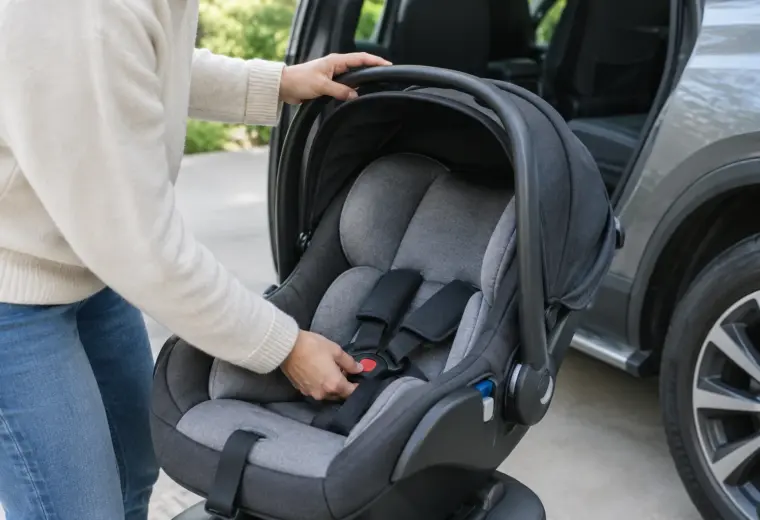Un parent vérifie l’installation d’un siège-auto pour bébé dans une voiture à l’arrêt.