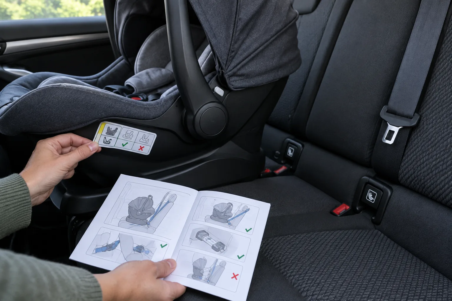 Un adulte consulte les repères de compatibilité près d’un siège-auto dos à la route.