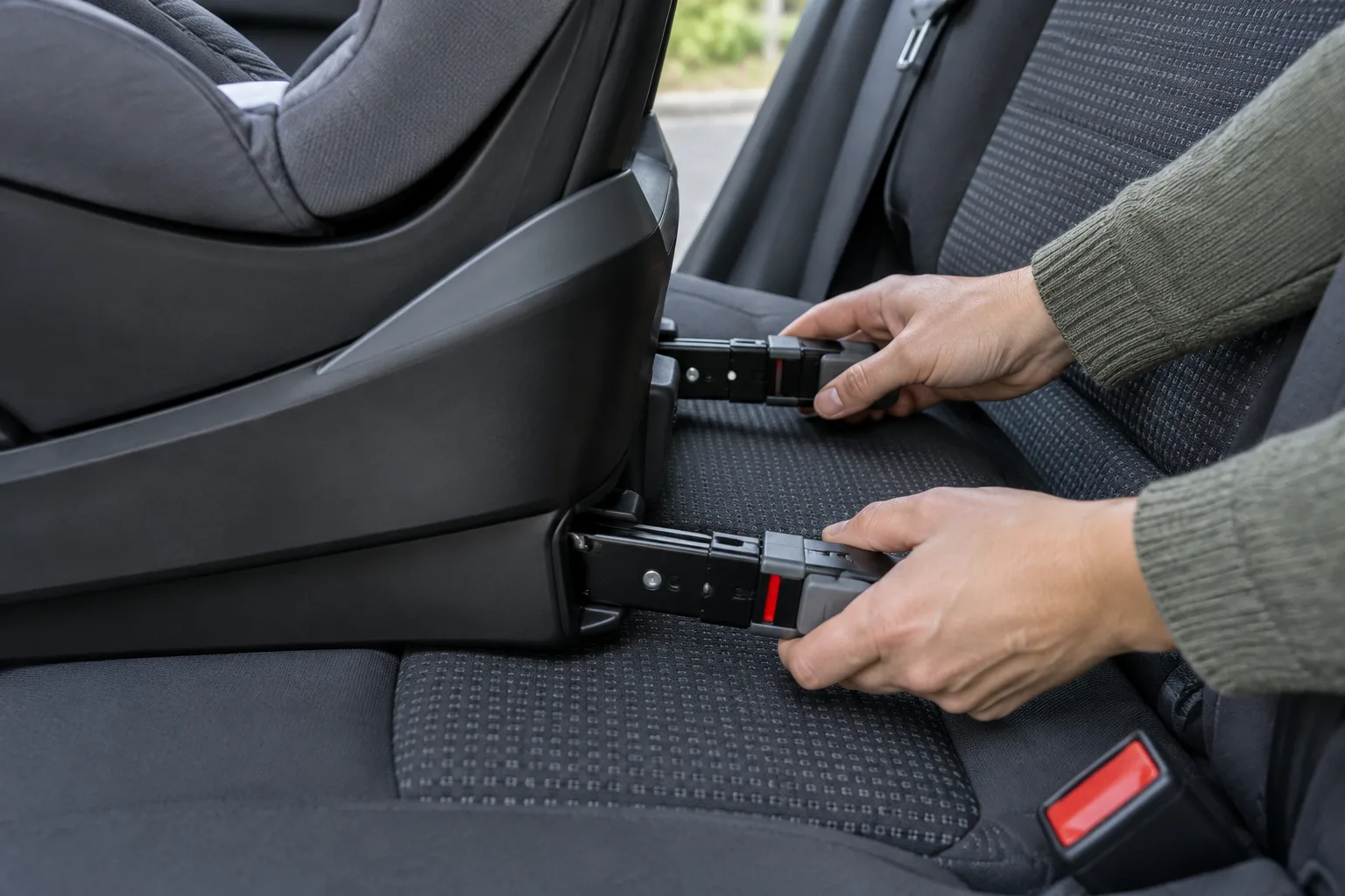 Des mains raccordent les attaches ISOFIX d’un siège-auto à la banquette arrière.