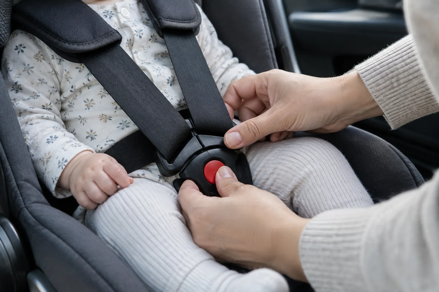 Les mains d’un parent ajustent le harnais du siège-auto de bébé.