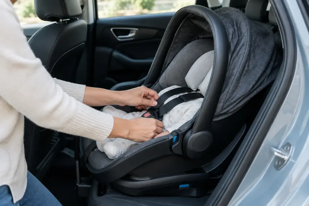 Un parent vérifie le siège-auto installé à l’arrière d’une voiture.