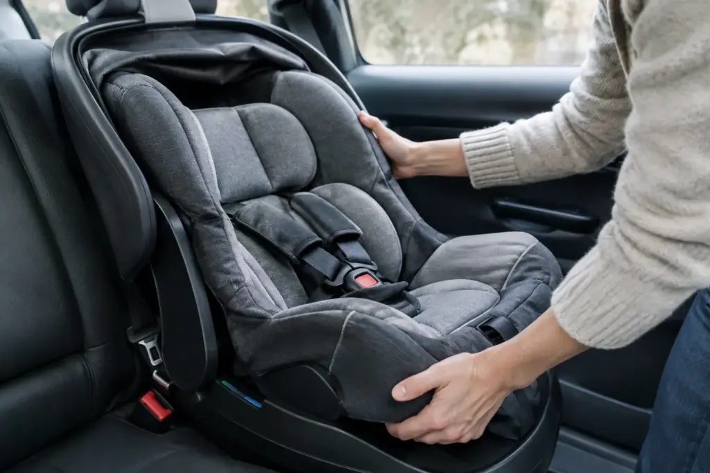 Un parent vérifie la fixation d’un siège-auto installé sur la banquette arrière.