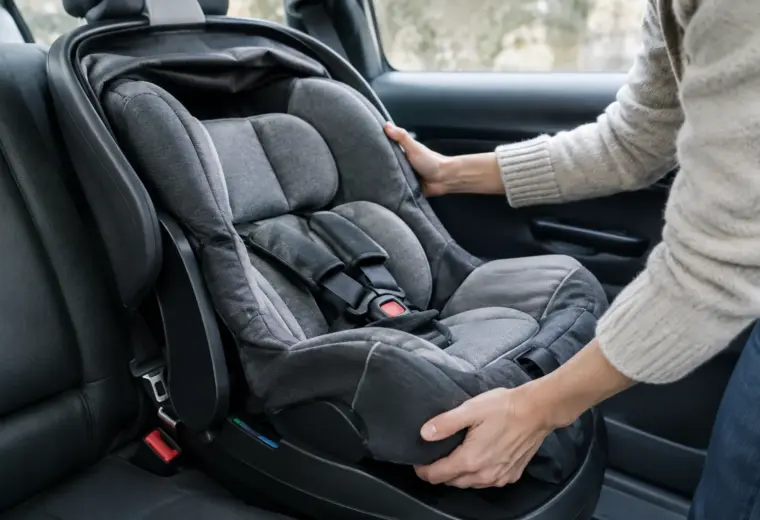 Un parent vérifie la fixation d’un siège-auto installé sur la banquette arrière.