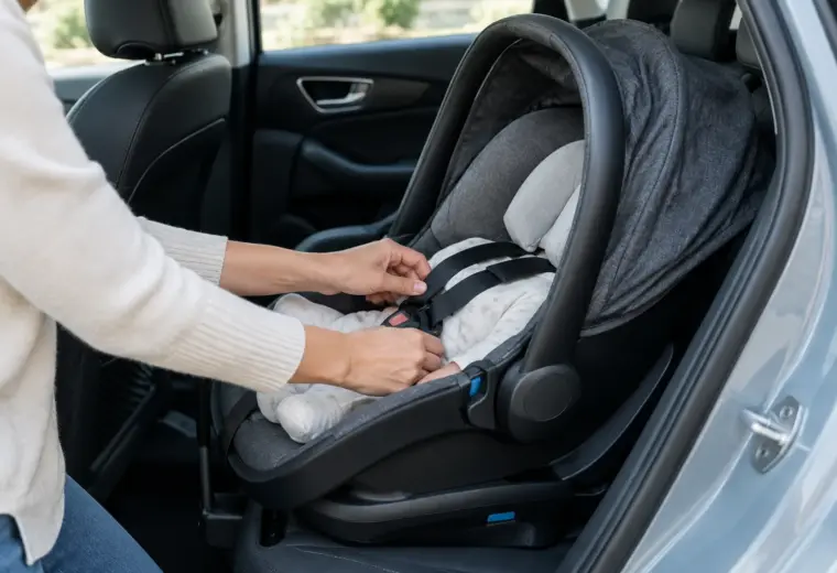 Un parent vérifie le siège-auto installé à l’arrière d’une voiture.