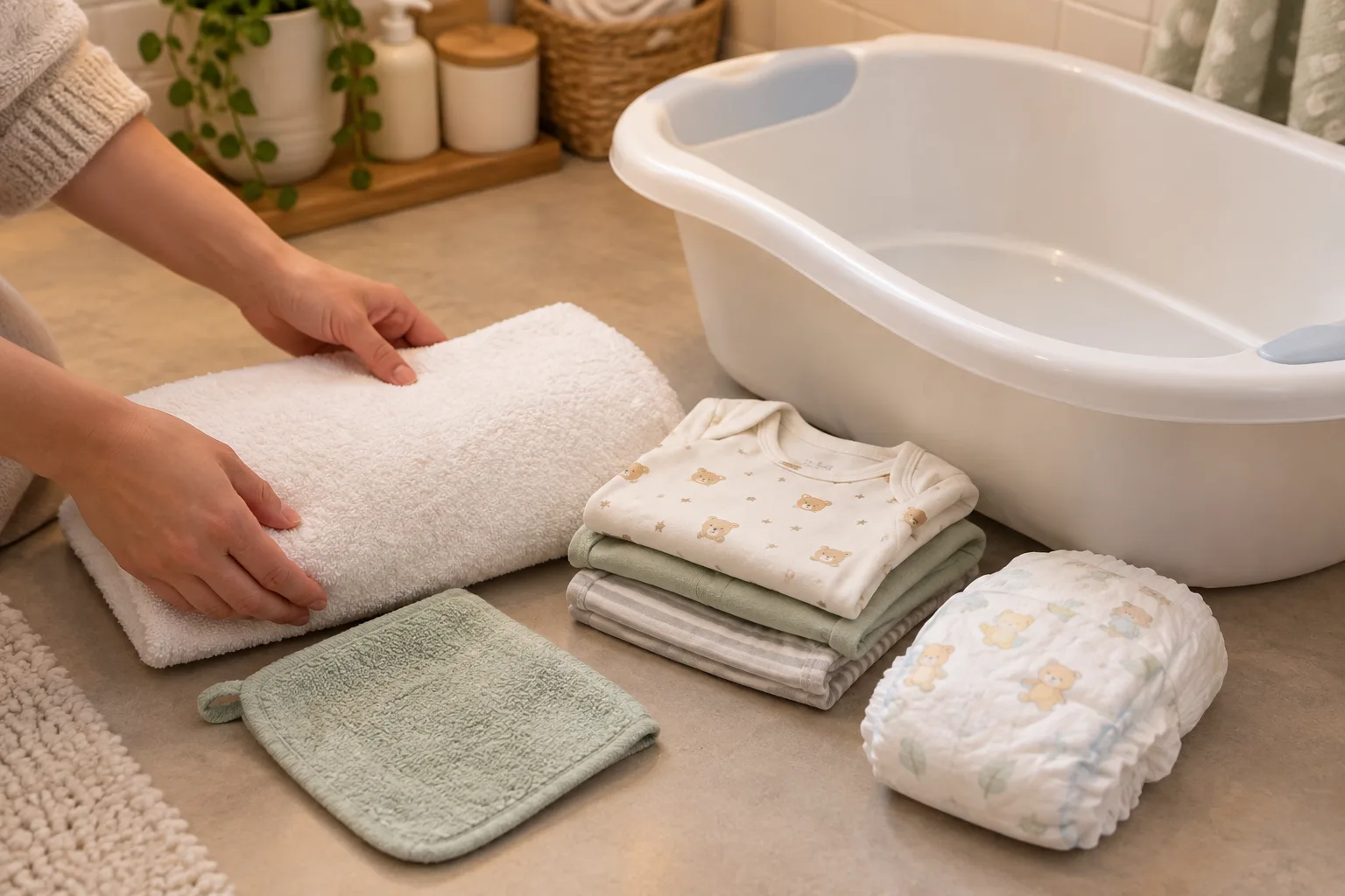 Une serviette, un gant, une couche et des vêtements propres sont rassemblés près d’une baignoire pour bébé.