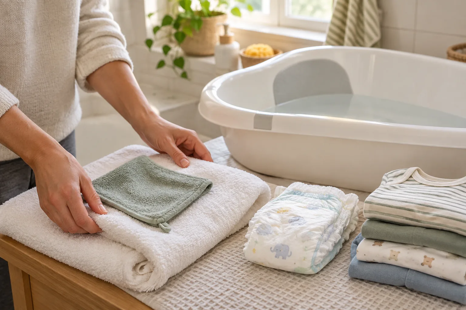 Une serviette, un gant, une couche et des vêtements sont disposés à côté de la baignoire.