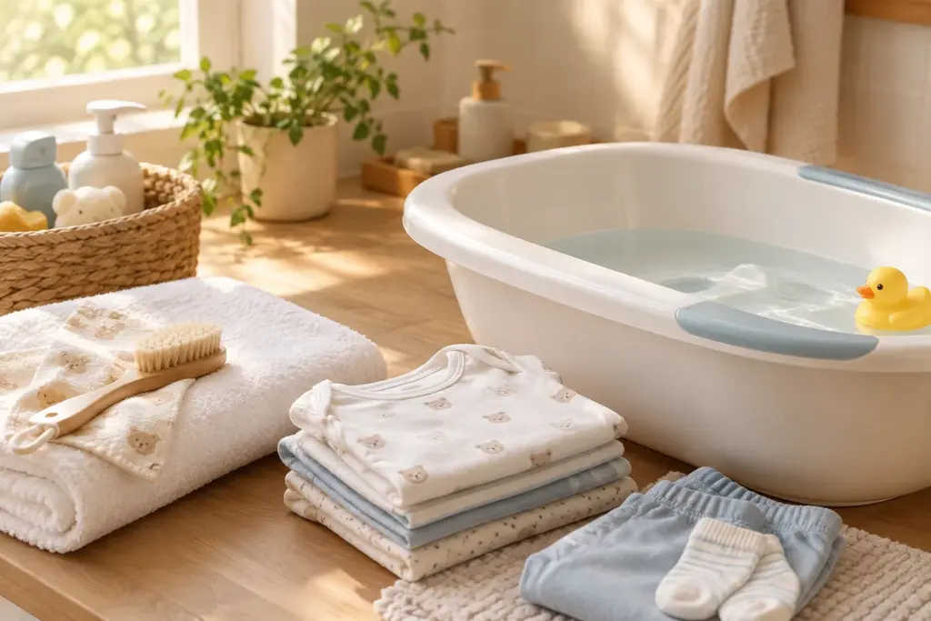 Une petite baignoire préparée près d’une serviette et de vêtements propres pour bébé.