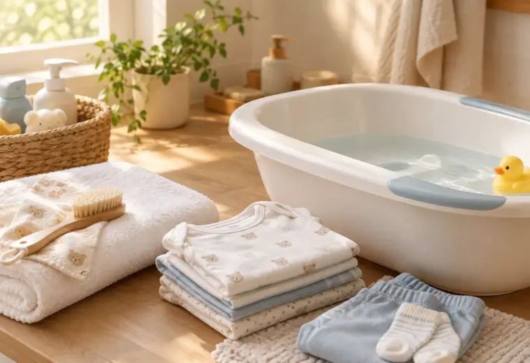 Une petite baignoire préparée près d’une serviette et de vêtements propres pour bébé.