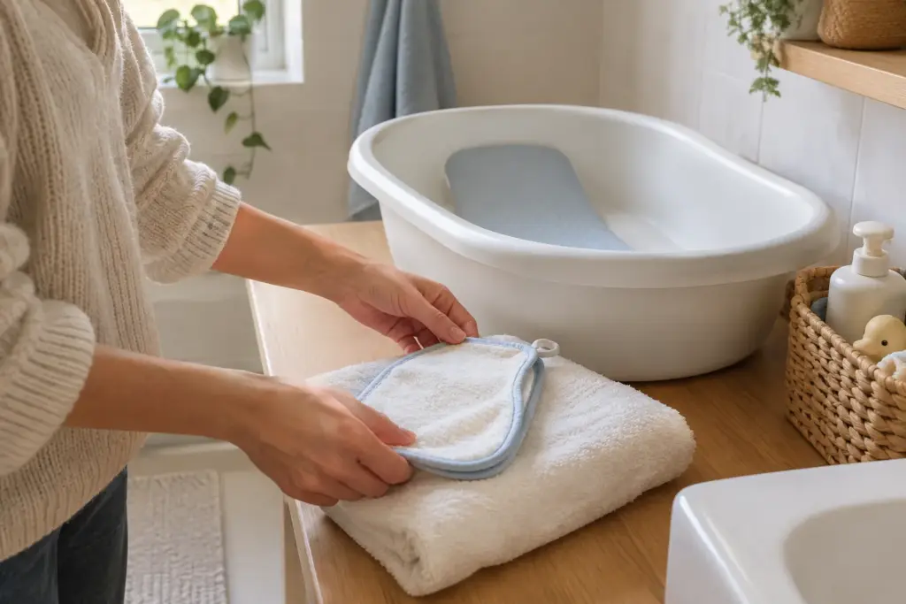 Une serviette et un gant de toilette sont préparés près d’une petite baignoire pour bébé.