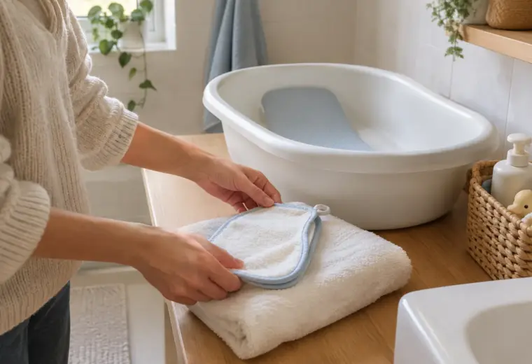 Une serviette et un gant de toilette sont préparés près d’une petite baignoire pour bébé.