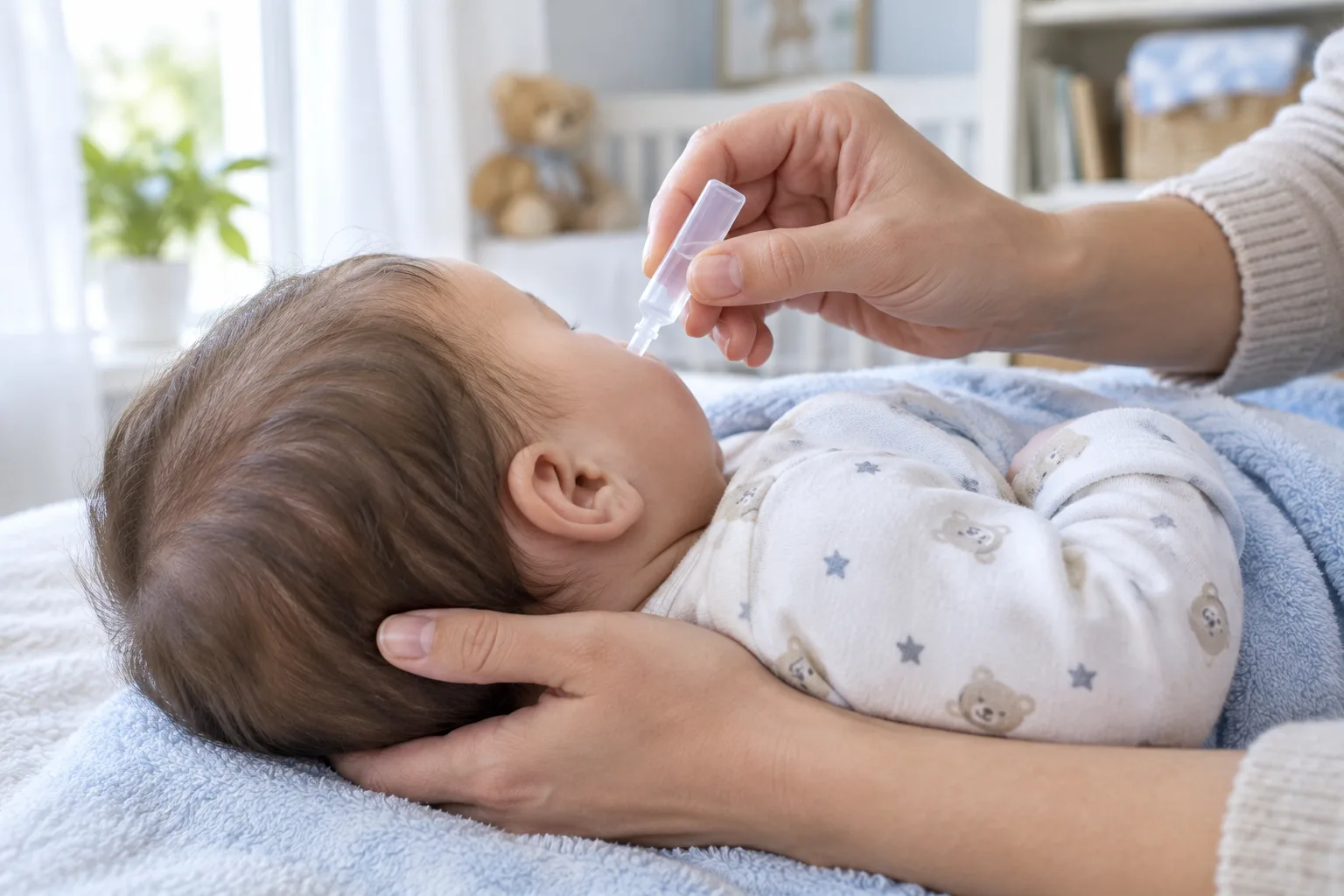 Un parent soutient doucement son bébé sur le côté pendant un lavage de nez au sérum physiologique.