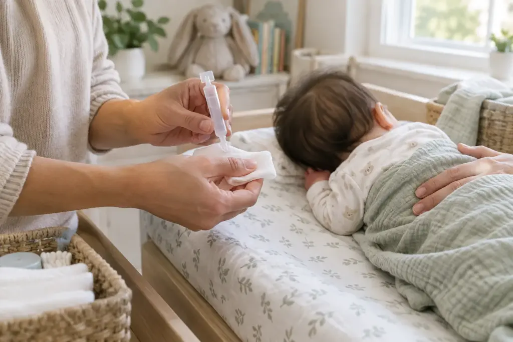 Un parent prépare une dosette de sérum physiologique et une compresse pour le soin du nez de son bébé.