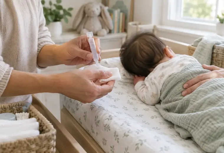 Un parent prépare une dosette de sérum physiologique et une compresse pour le soin du nez de son bébé.