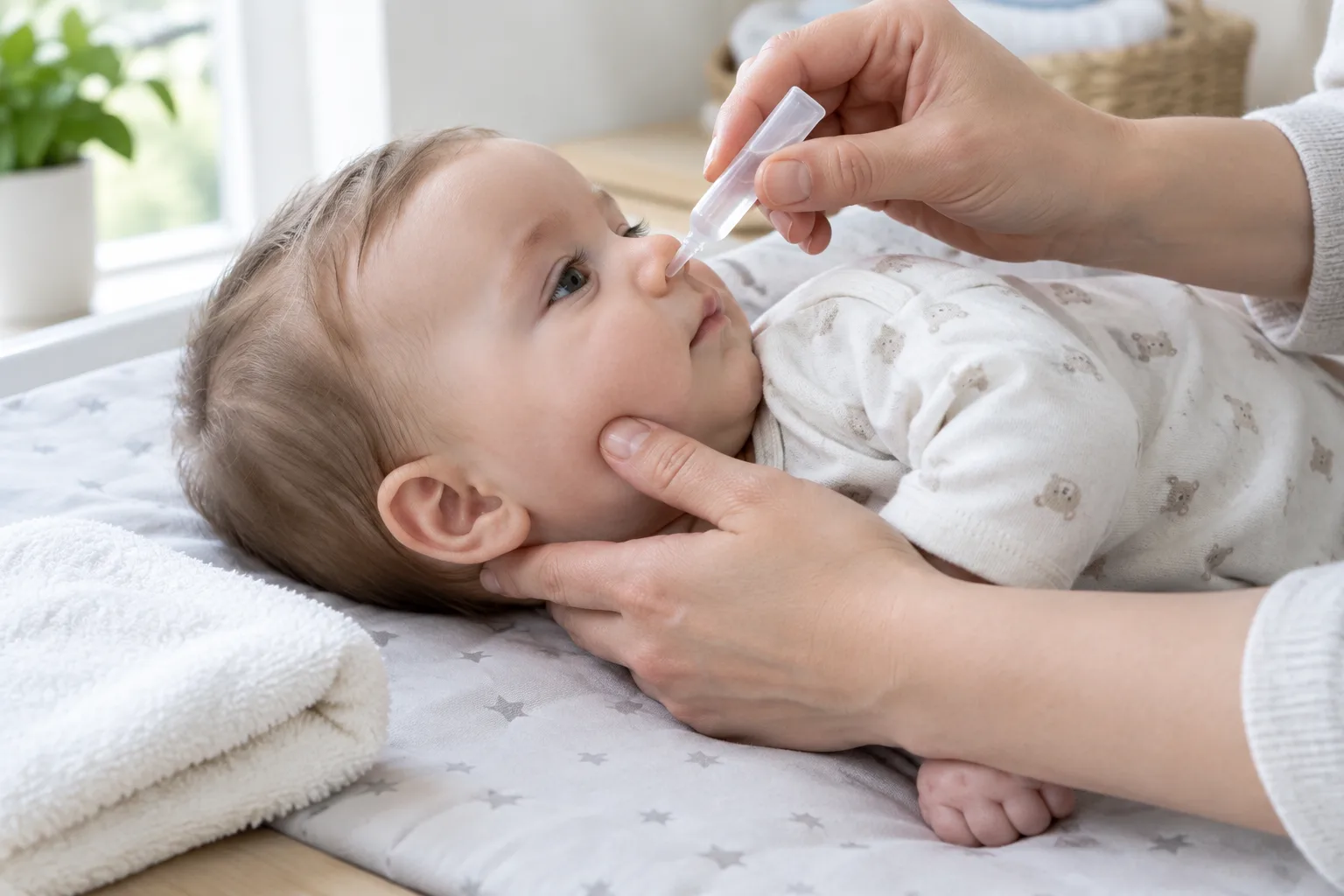 Un parent maintient doucement bébé sur le côté et approche une unidose de sérum physiologique de sa narine.