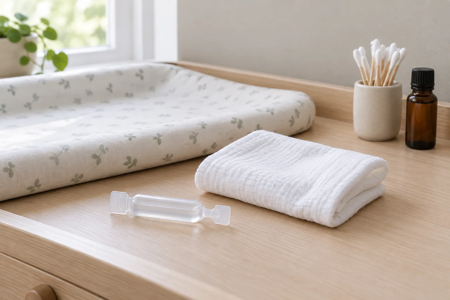 Une unidose de sérum physiologique et un linge propre sont posés à l’écart de cotons-tiges et d’une bouteille d’huile essentielle.