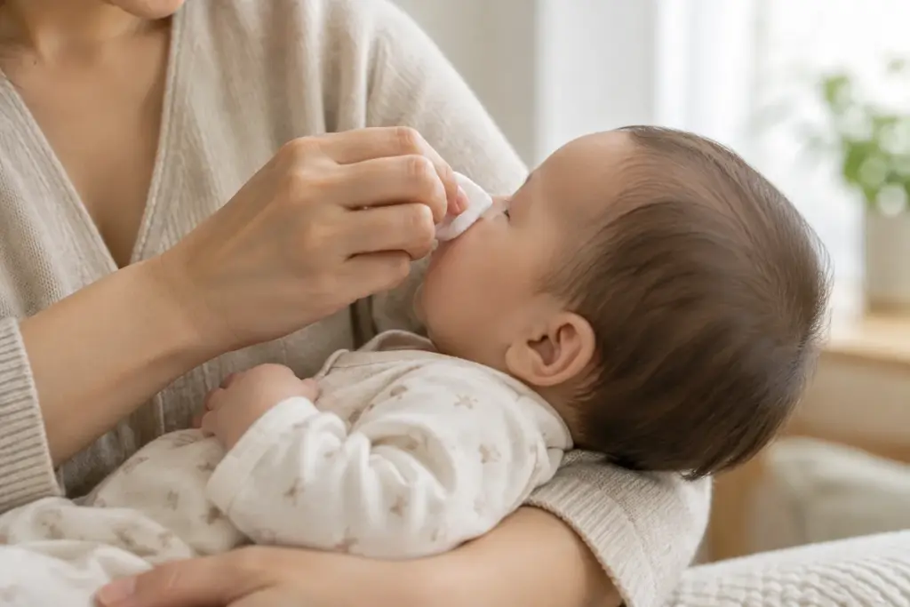 Une personne essuie doucement le nez d’un bébé avec une compresse propre.