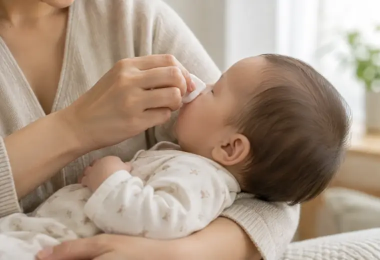 Une personne essuie doucement le nez d’un bébé avec une compresse propre.