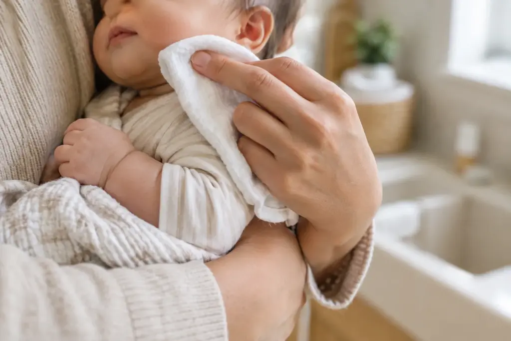Un parent nettoie doucement la joue de son bébé avec un linge propre et doux.