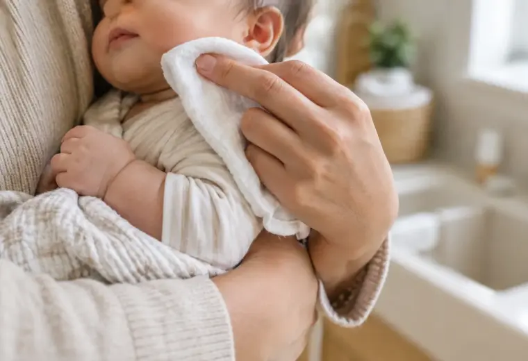 Un parent nettoie doucement la joue de son bébé avec un linge propre et doux.