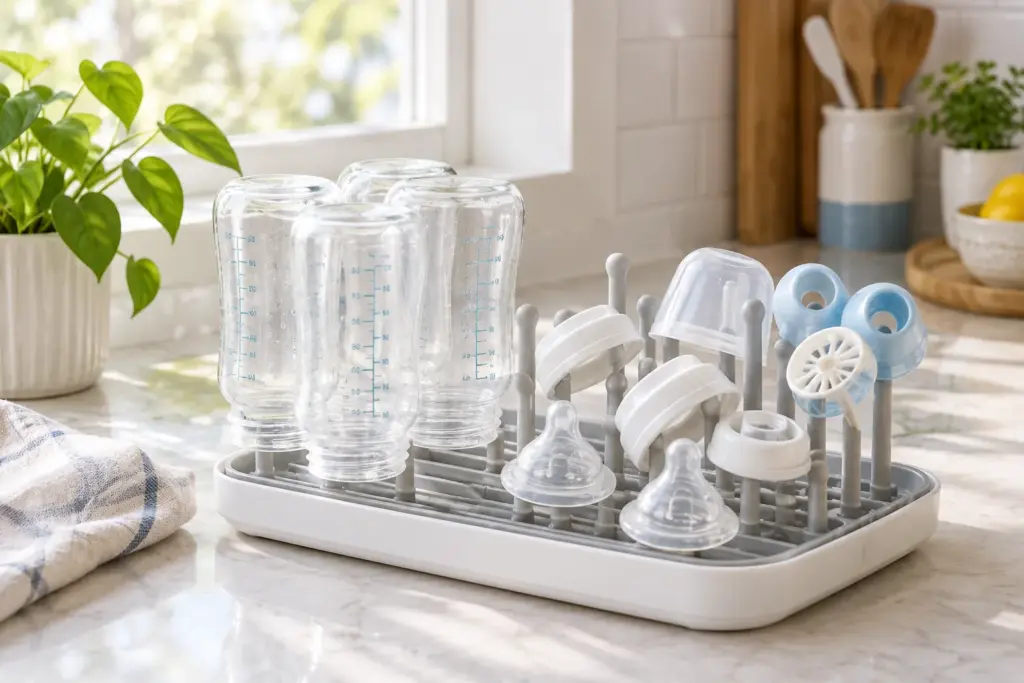 Des biberons propres et leurs accessoires sèchent sur un égouttoir dans une cuisine lumineuse.