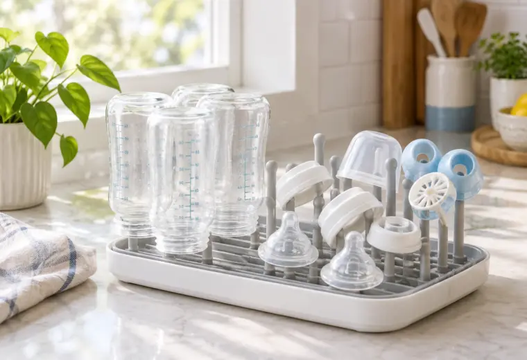 Des biberons propres et leurs accessoires sèchent sur un égouttoir dans une cuisine lumineuse.