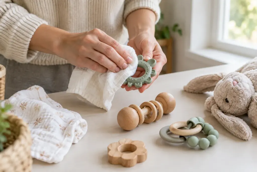 Des jouets de bébé en silicone et en bois sont nettoyés avec un chiffon doux.