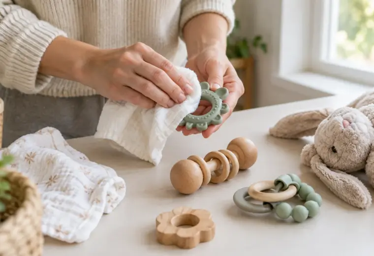 Des jouets de bébé en silicone et en bois sont nettoyés avec un chiffon doux.