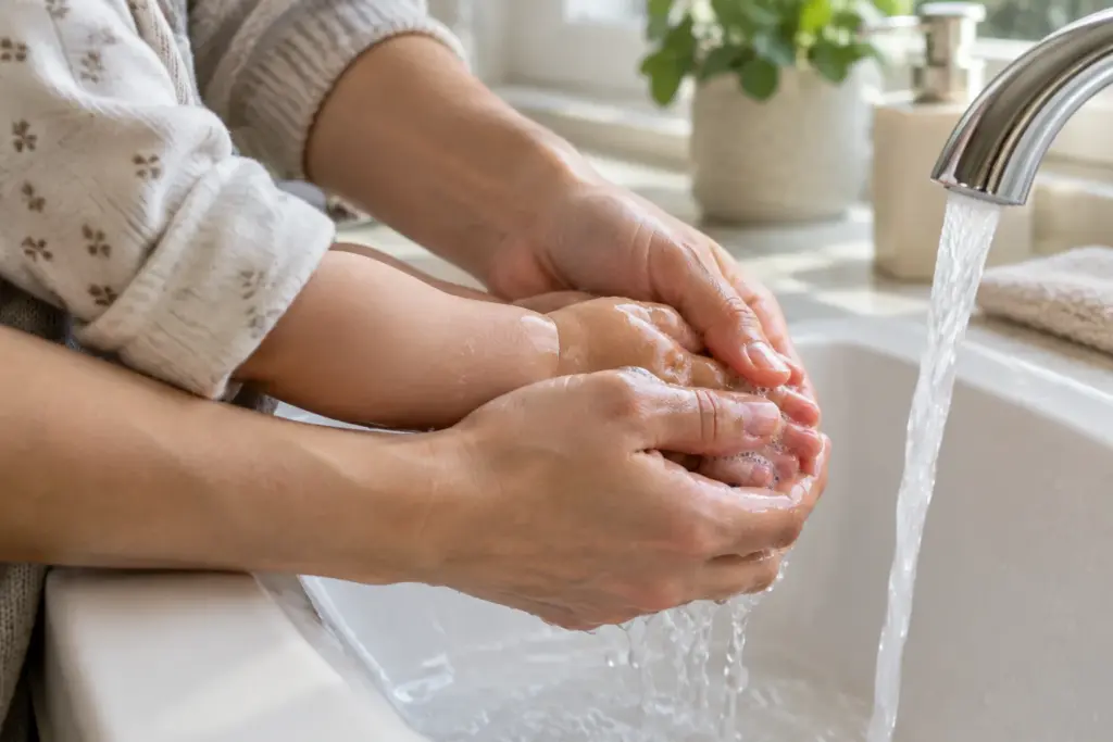 Un parent lave doucement les mains de bébé au-dessus d’un lavabo.