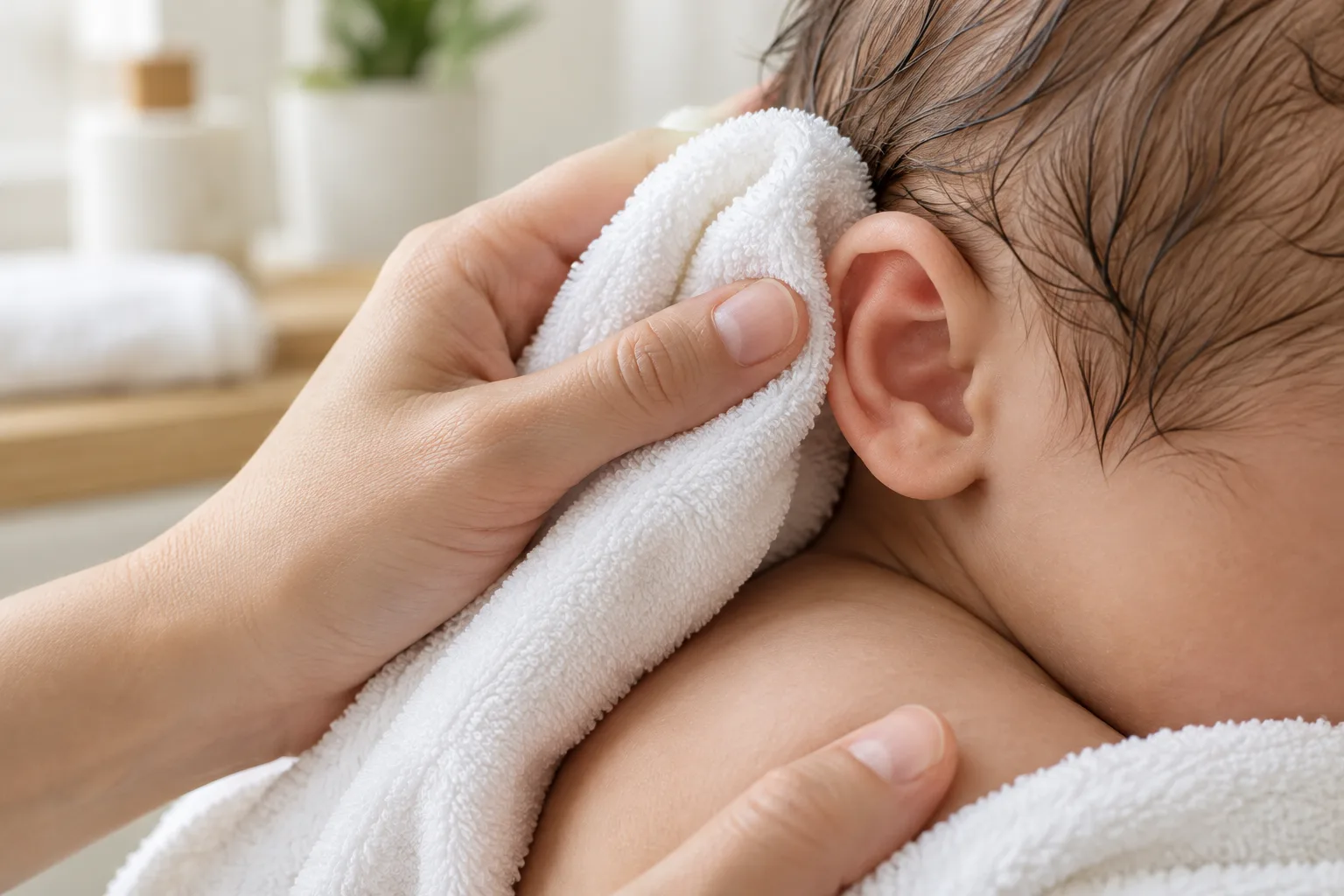 Une serviette propre tamponne délicatement le pavillon et les plis visibles de l’oreille d’un bébé.