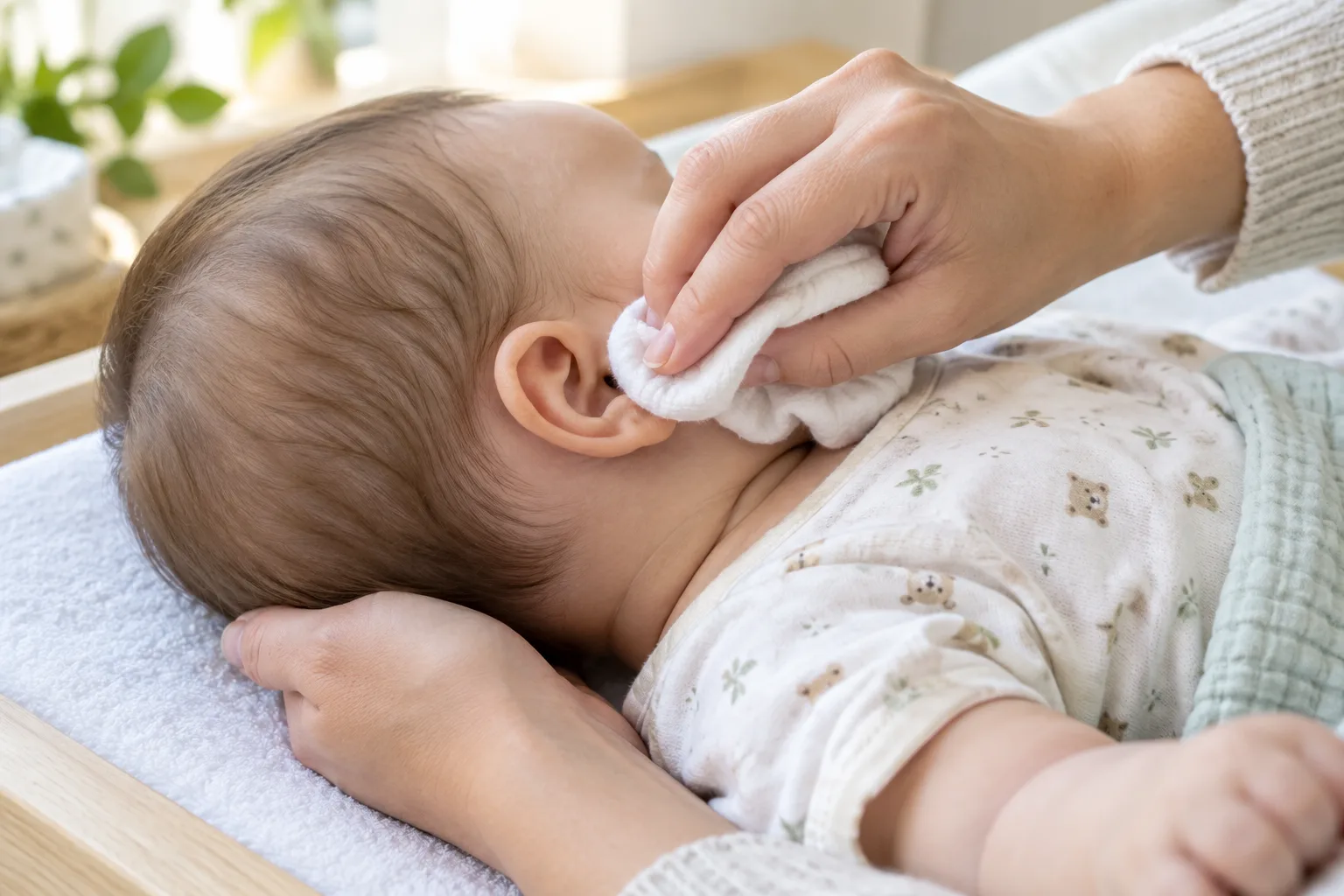 Un parent passe doucement un linge humide sur le pavillon de l’oreille de bébé.
