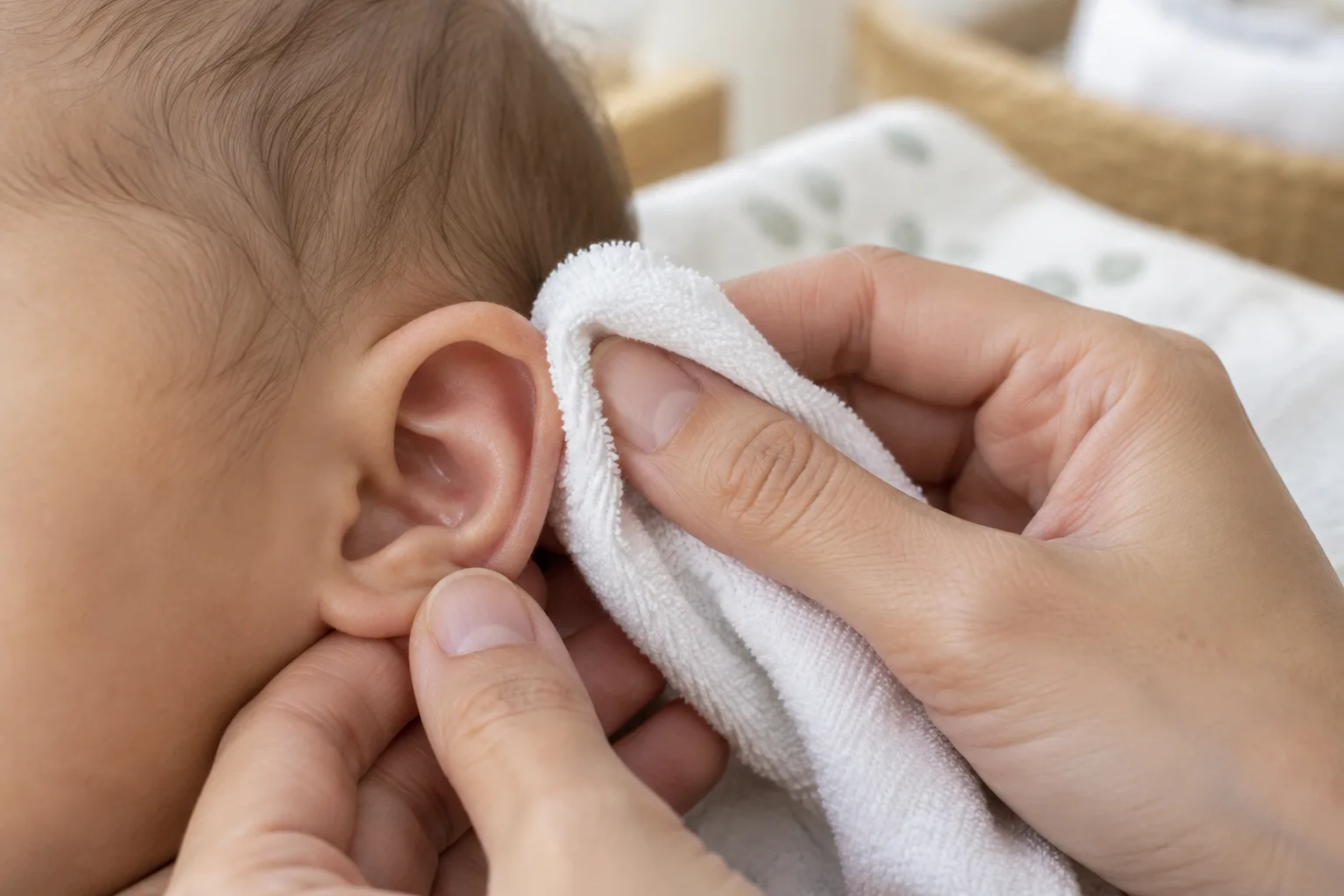 Un linge doux passe délicatement sur le pavillon de l’oreille d’un bébé.