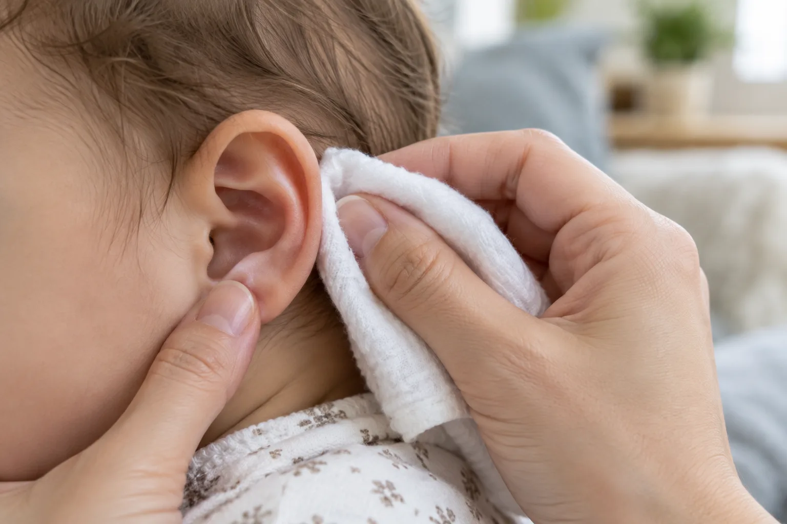 Un linge doux nettoie les replis de l’oreille externe d’un bébé.