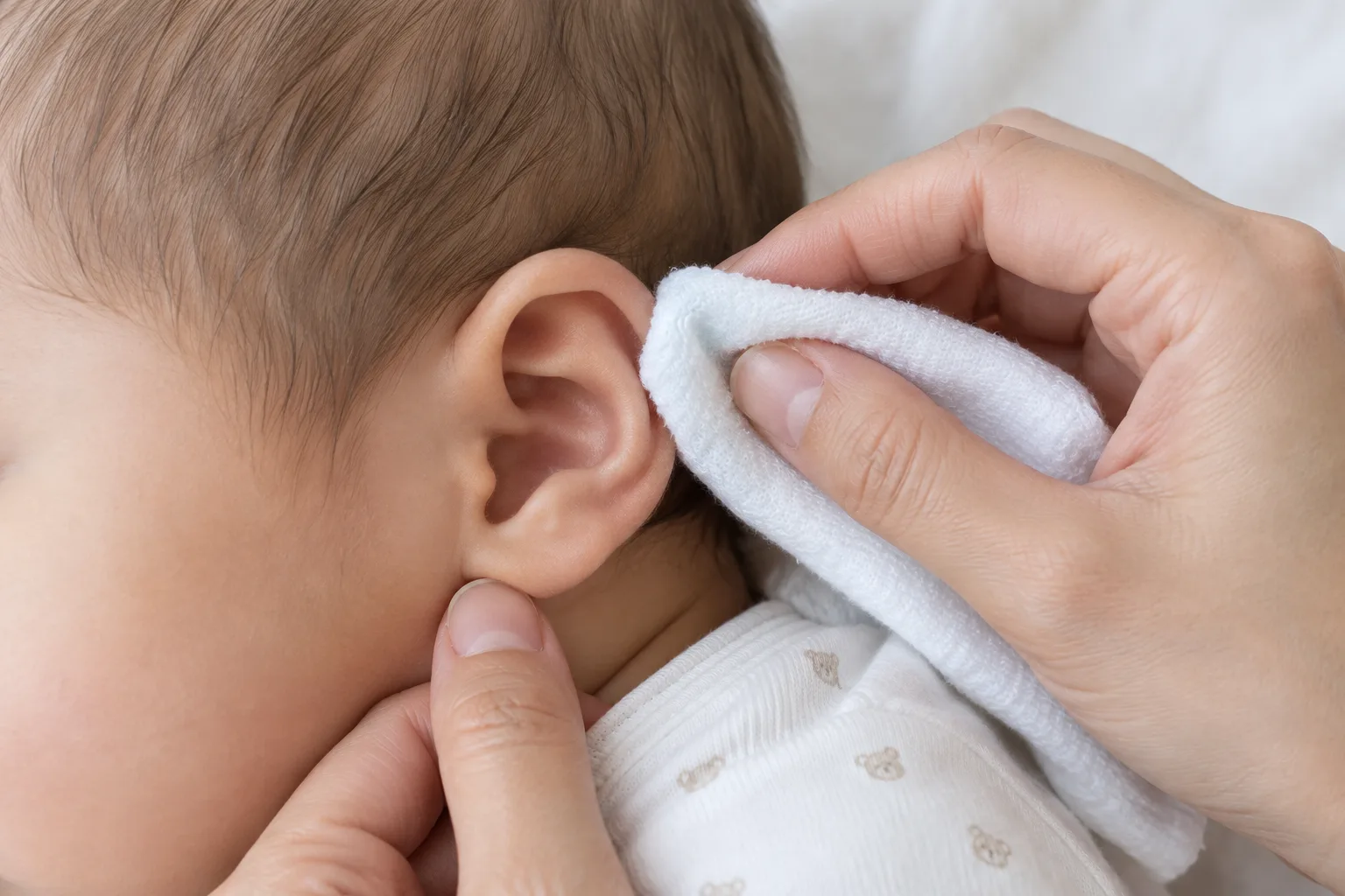 Un linge doux passe délicatement sur le pavillon de l’oreille d’un bébé.