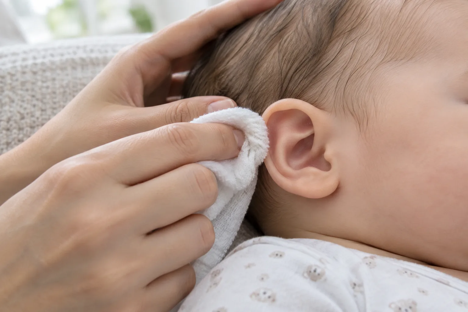 Une main passe un linge doux sur le pavillon de l’oreille d’un bébé.