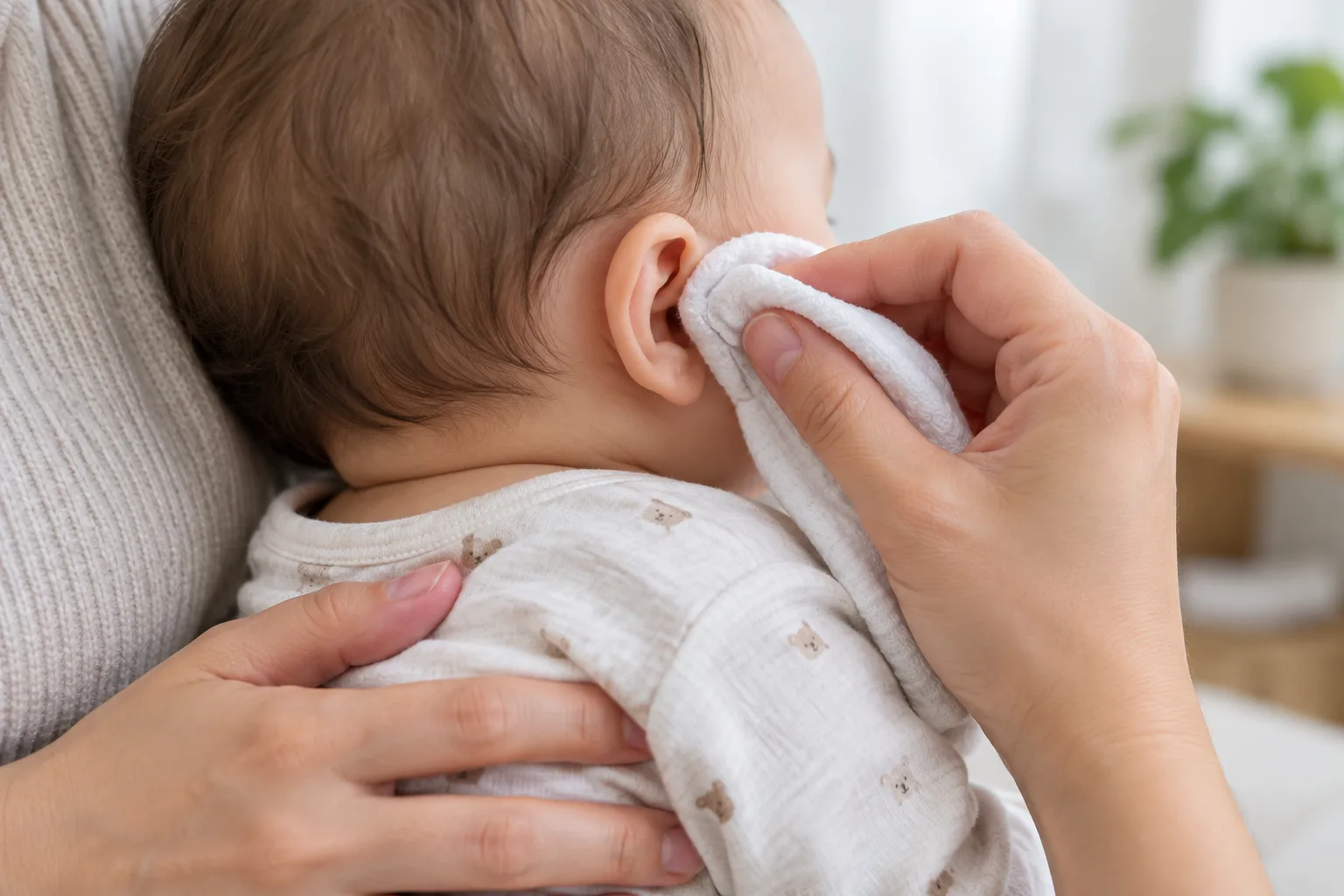 Un parent nettoie le pavillon de l’oreille de bébé avec un linge humide.