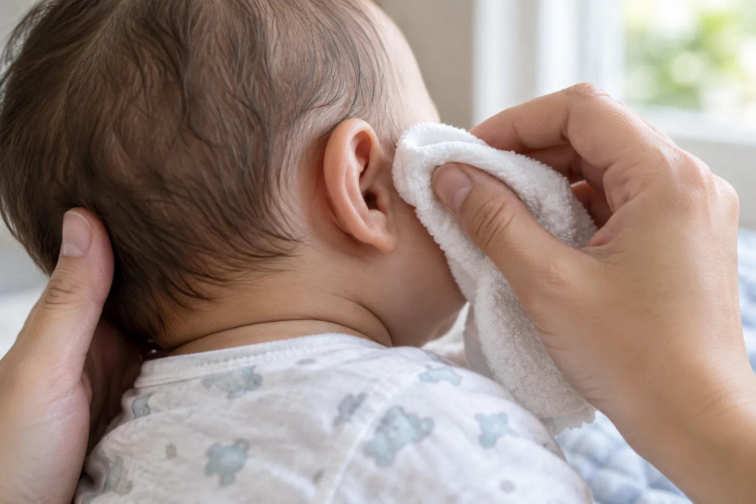 Un linge doux passe sur le pavillon et le pli derrière l’oreille d’un bébé.
