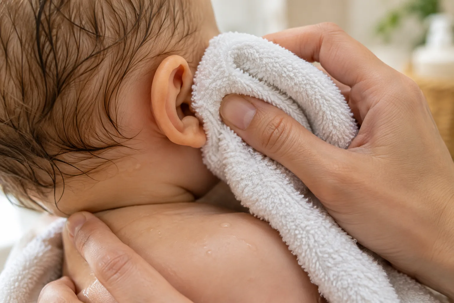 Une serviette propre sèche délicatement le pavillon et les plis extérieurs de l’oreille d’un bébé.