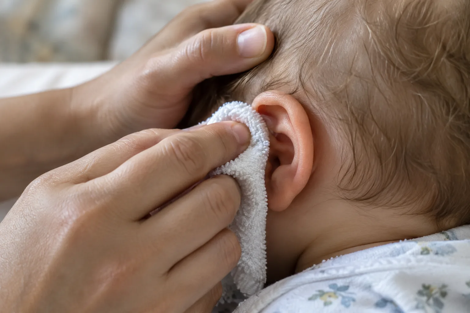Un linge doux passe délicatement dans les plis visibles de l’oreille d’un bébé.
