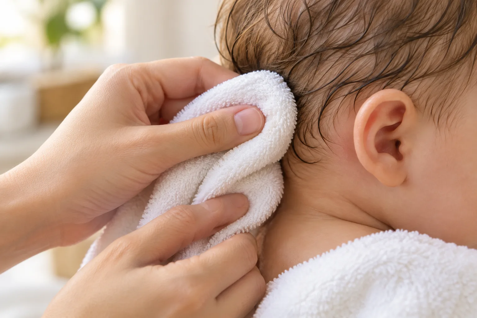 Une serviette douce tamponne le pavillon et le pli derrière l’oreille d’un bébé.