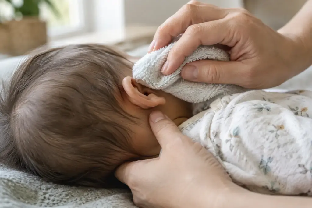 Une main passe doucement un linge humide sur l’oreille extérieure d’un bébé.