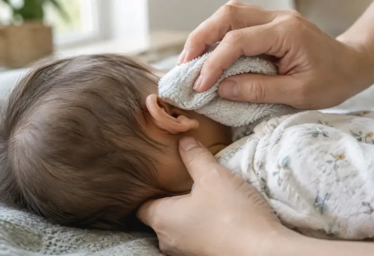Une main passe doucement un linge humide sur l’oreille extérieure d’un bébé.