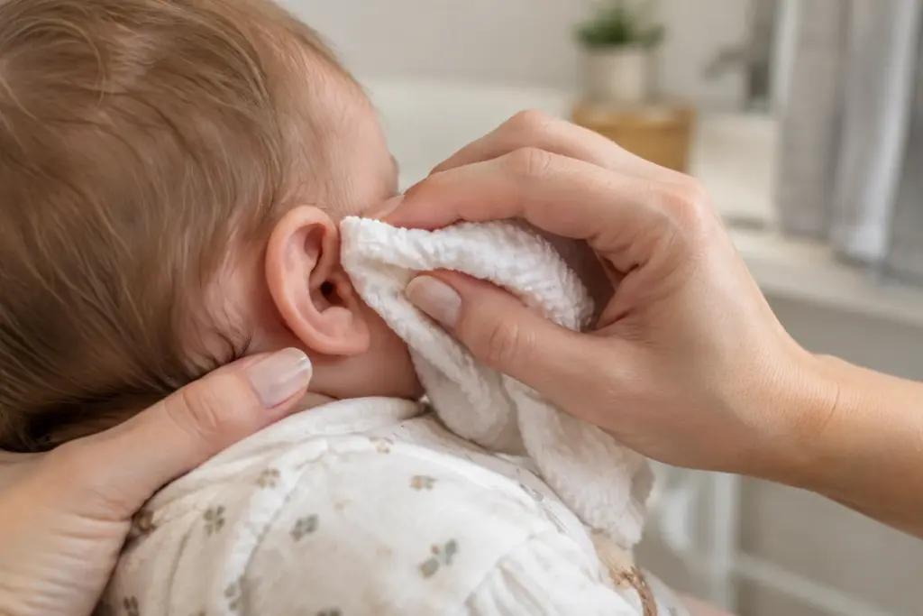 Un parent nettoie doucement la partie extérieure de l’oreille de son bébé avec un linge humide.