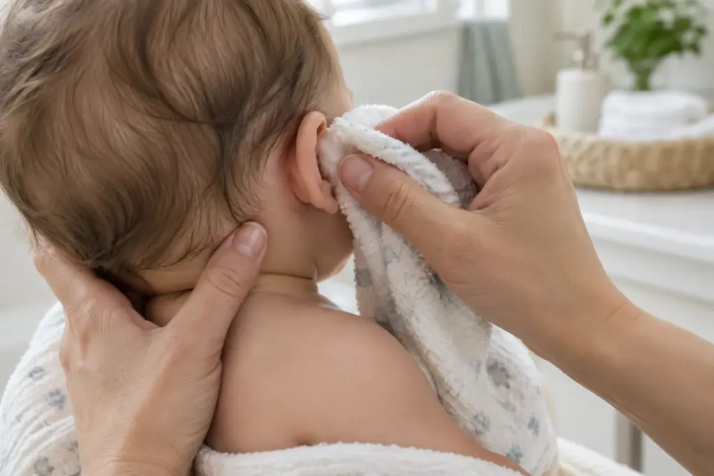 Une main nettoie doucement l’extérieur de l’oreille d’un bébé avec un linge doux.