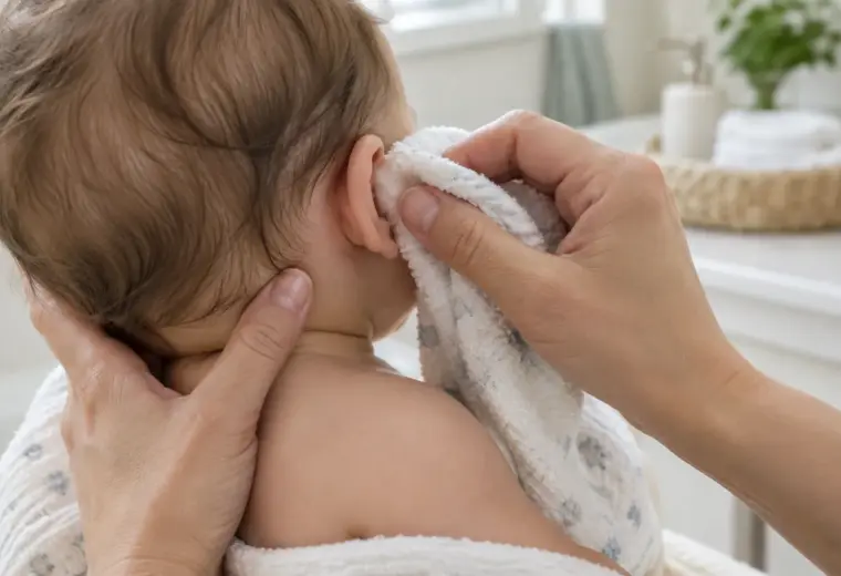Une main nettoie doucement l’extérieur de l’oreille d’un bébé avec un linge doux.