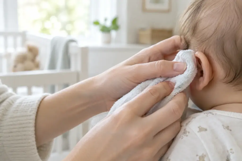 Une main nettoie doucement le pavillon de l’oreille d’un bébé avec un linge doux.
