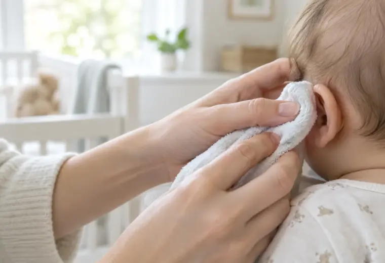 Une main nettoie doucement le pavillon de l’oreille d’un bébé avec un linge doux.