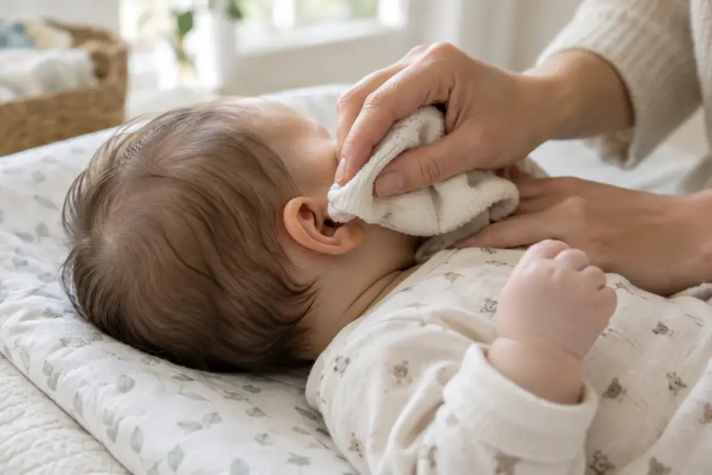 Une main essuie délicatement l’oreille extérieure d’un bébé avec un linge doux.