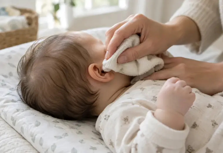 Une main essuie délicatement l’oreille extérieure d’un bébé avec un linge doux.