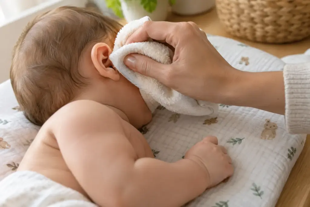 Une main essuie délicatement l’oreille visible d’un bébé avec un linge doux.