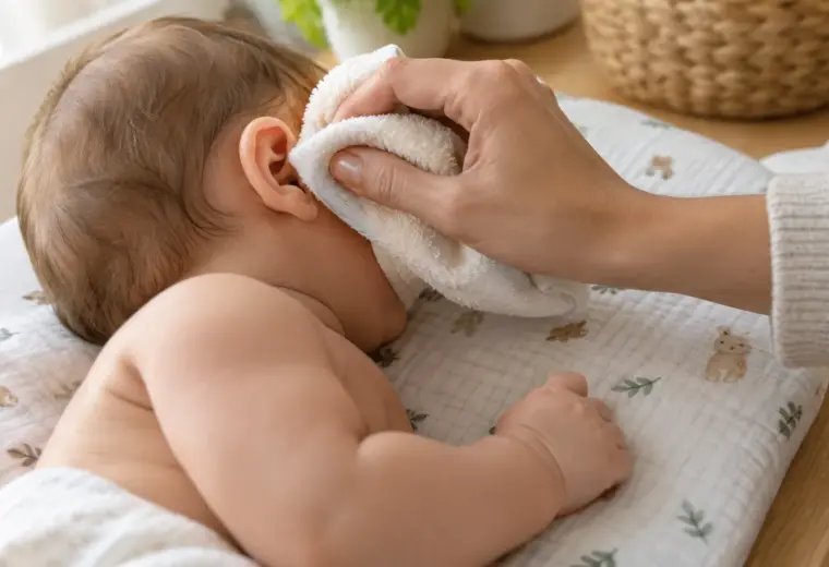 Une main essuie délicatement l’oreille visible d’un bébé avec un linge doux.